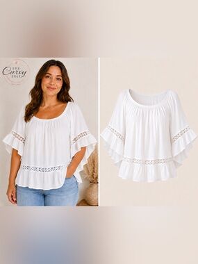 Sunny Leigh White Boho Peasant Top XL 1X Bell Sleeve Lace Trim Cottagecore